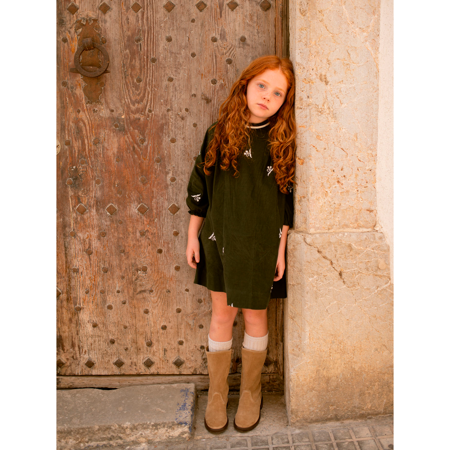 Green Corduroy Embroidered Dress