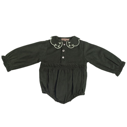 Green Corduroy Embroidered Romper Baby Girl
