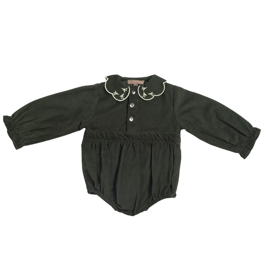 Green Corduroy Embroidered Romper Baby Girl